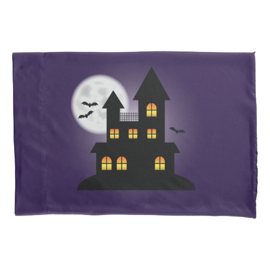 紫のハロウィンの怖いお化け屋敷 枕カバー (正面)