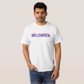 紫のハロウィンフォントの箒とクモの巣デザイン Tシャツ (正面フル)