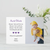 紫のハートが私の写真付きゴッドマザー 招待状 (スタンド正面)