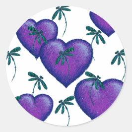 紫のハートとトンボ ラウンドシール