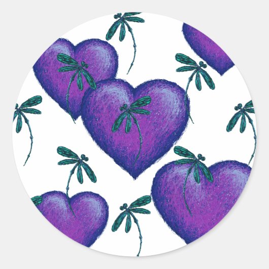 紫のハートとトンボ ラウンドシール (正面)