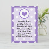 紫のハートと水玉模様誕生日 招待状 (スタンド正面)