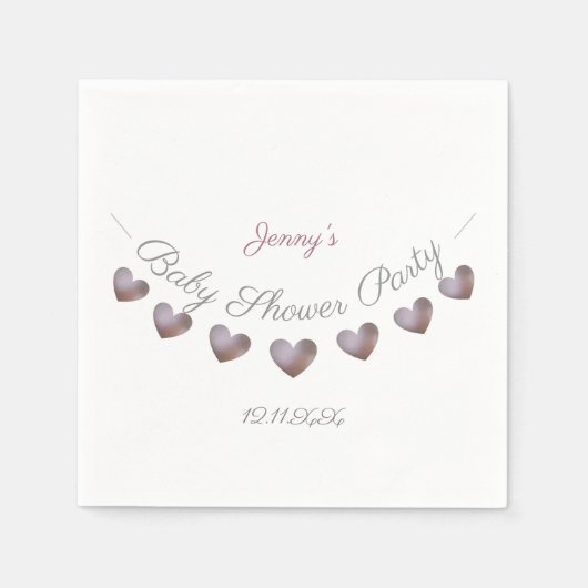 紫のハートのパーソナライズされたバンシング赤ちゃんシャワー スタンダードカクテルナプキン (正面)