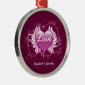 紫のハートの翼が愛バレンタインデーを渦巻く メタルオーナメント (右)