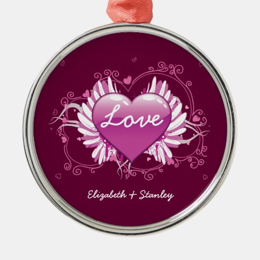 紫のハートの翼が愛バレンタインデーを渦巻く メタルオーナメント (正面)