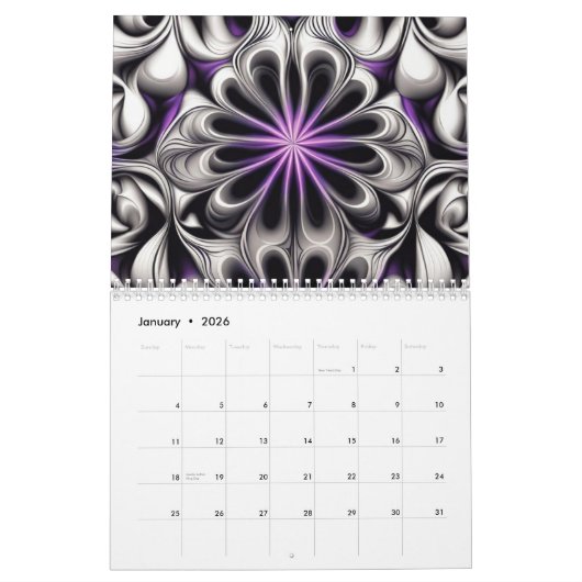 紫のハートの花と渦巻き カレンダー (1月 2026)