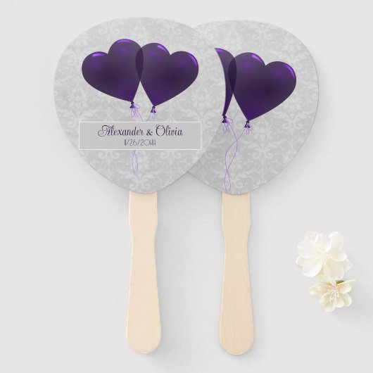 紫のハートバルーン結婚式の引き出物ハンドファン ハンドファン (正面&裏面)