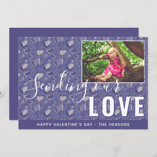 紫のハートバレンタインデーの台本の家族の写真 シーズンカード (正面/裏面)