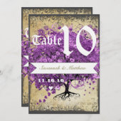 紫のハートリーフ結婚ツリーのテーブル番号 招待状 (正面/裏面)