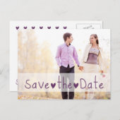 紫のハート写真の保存日付 案内ポストカード (正面/裏面)