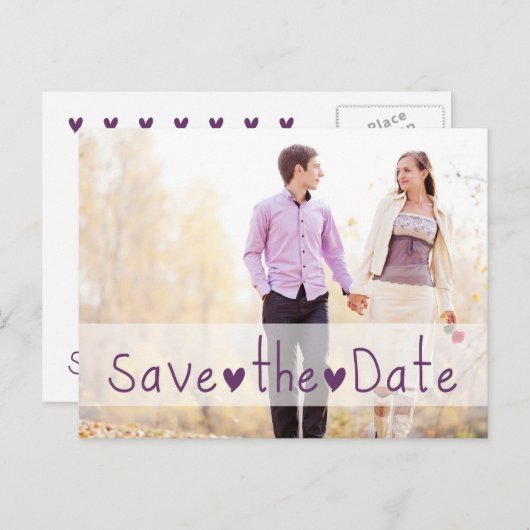 紫のハート写真の保存日付 案内ポストカード (正面/裏面)