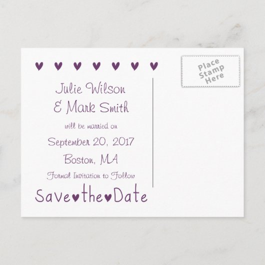 紫のハート写真の保存日付 案内ポストカード (裏面)