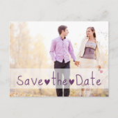 紫のハート写真の保存日付 案内ポストカード (正面)