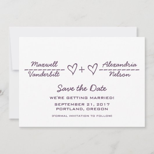 紫のハート式日付の保存招待状 セーブザデート (正面)