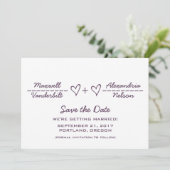 紫のハート式日付の保存招待状 セーブザデート (スタンド正面)