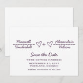 紫のハート式日付の保存招待状 セーブザデート (正面/裏面)