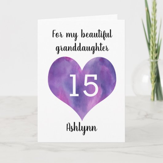 紫のハート15番目の孫娘誕生日 カード (正面)
