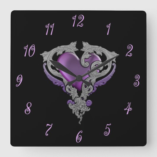 紫のハート スクエア壁時計 (正面)
