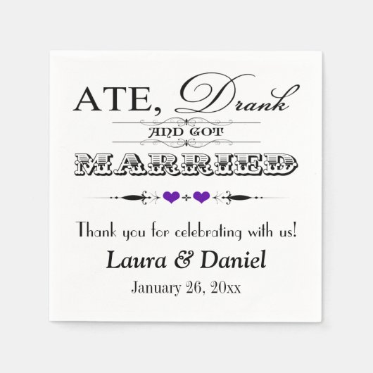 紫のハート、結婚巻物のナプキン スタンダードカクテルナプキン (正面)