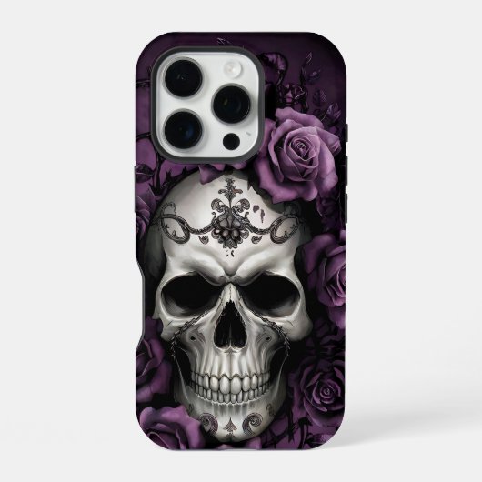 紫のバラとゴシック・スカル iPhoneケース (裏面)