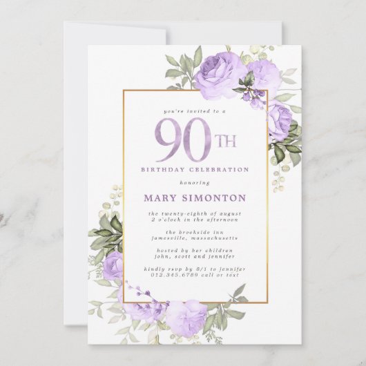 紫のバラとゴールドの花のモチーフが入った90歳の誕生日パーティー 招待状 (正面)