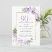 紫のバラとゴールドの花のモチーフが入った90歳の誕生日パーティー 招待状 (スタンド正面)