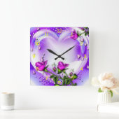 紫のバラとハート スクエア壁時計 (ホーム)