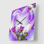 紫のバラとハート スクエア壁時計 (傾斜)