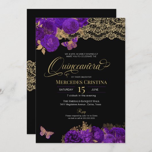 紫のバラとレース蝶キンセアニラインビータ 招待状 (正面/裏面)