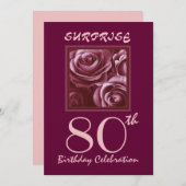 紫のバラのサプライズ80歳の誕生日パーティー招待状 招待状 (正面/裏面)