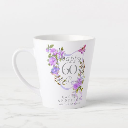 紫のバラのリボン 60歳の誕生日 カフェラテマグ (左)