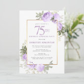 紫のバラの花の75歳の誕生日パーティーの招待状 招待状 (スタンド正面)