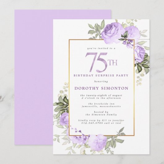 紫のバラの花の75歳の誕生日パーティーの招待状 招待状 (正面/裏面)