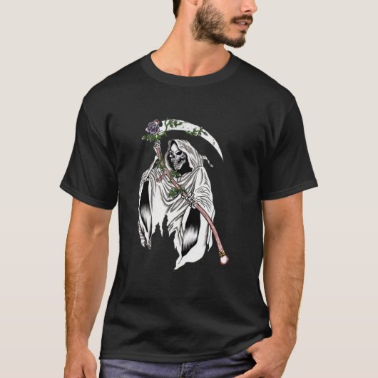 紫のバラを持つゴシック・グリムリーパー Tシャツ (正面)