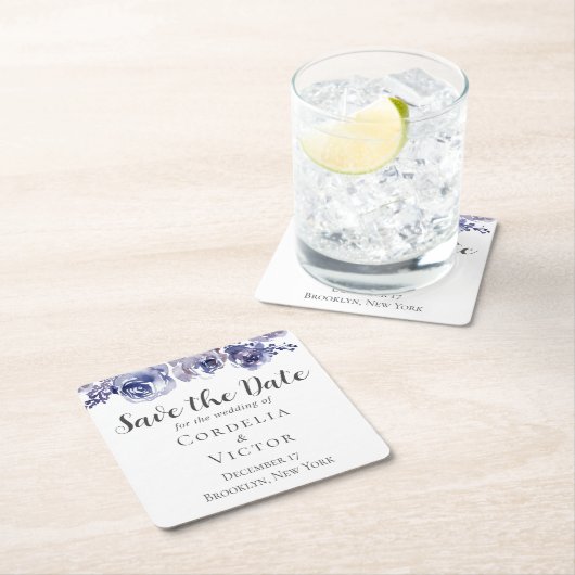 紫のバラエレガントフローラ冬の日付を保存 スクエアペーパーコースター (インサイチュ)