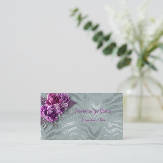 紫のバラオンエレガントシルバーグリッター 名刺 (スタンド正面)