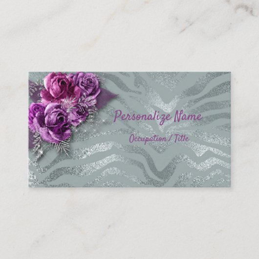 紫のバラオンエレガントシルバーグリッター 名刺 (正面)