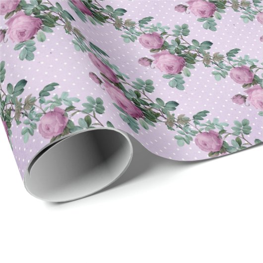 紫のバラオンラベンダーと白の水玉模様 ラッピングペーパー (ロールコーナー)