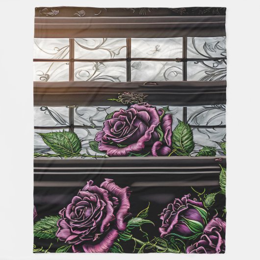 紫のバラザウィンドウ – ゴシックスタイル フリースブランケット (正面)