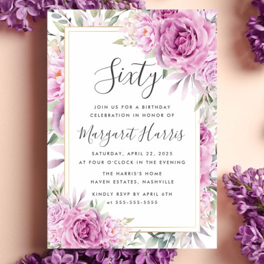 紫のバラフローラ金ゴールドフレーム60th60誕生日 招待状