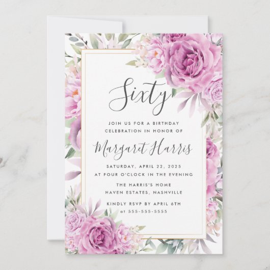 紫のバラフローラ金ゴールドフレーム60th60誕生日 招待状 (正面)