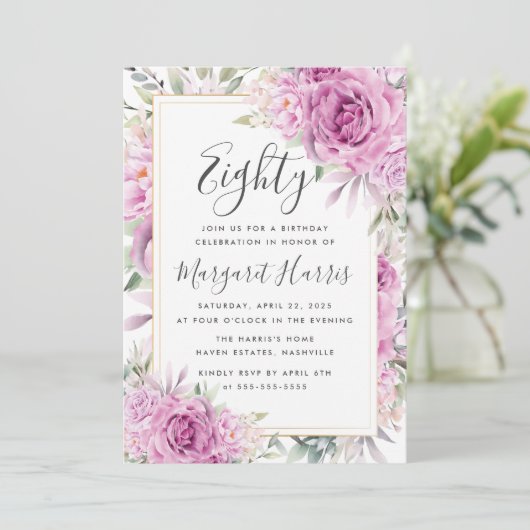 紫のバラフローラ金ゴールドフレーム80th八十誕生日 招待状 (スタンド正面)