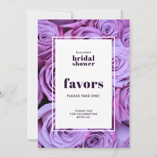 紫のバラ写真ブライダルシャワーはテーブルカードを引き立てる 招待状 (正面)