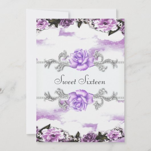 紫のバラ紫のかわいらしSweet sixteenパーティー 招待状 (正面)