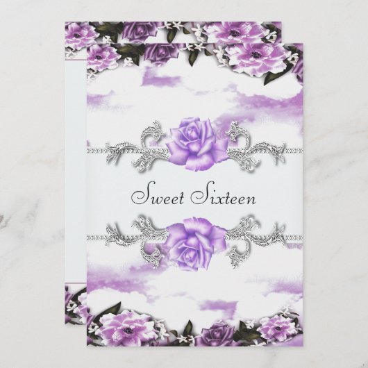 紫のバラ紫のかわいらしSweet sixteenパーティー 招待状 (正面/裏面)