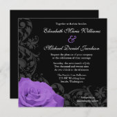 紫のバラ結婚の花 招待状 (正面/裏面)