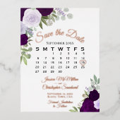 紫のバラ結婚式の日付を保存バラ金ゴールド 箔招待状ポストカード (正面)