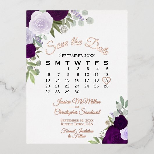 紫のバラ結婚式の日付を保存バラ金ゴールド 箔招待状ポストカード (正面)