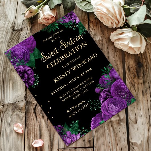 紫のバラ縁どフローラSweet sixteen 招待状