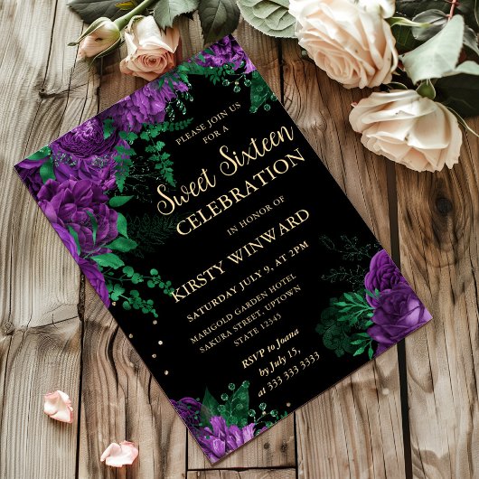 紫のバラ縁どフローラSweet sixteen 招待状